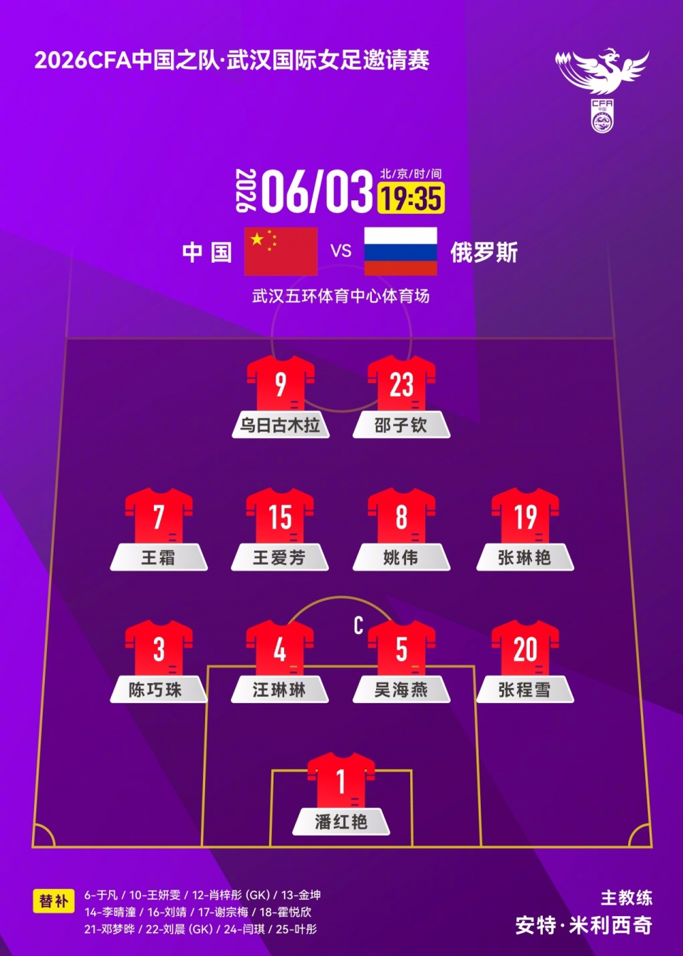MK体育-中国女足VS俄罗斯首发：吴海燕队长 王霜、张琳艳先发 王爱芳登场